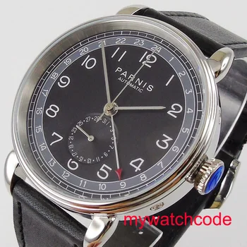 42mm Parnis cadran negru curea din piele carcasa din otel inoxidabil ecran de 24 de ore GMT Automatic bărbați ceas Relogio Masculino