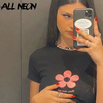 ALLNeon Y2K Streetwear Roz imprimeu Floral Crop Topuri Indie Estetica O-gat Maneci Scurte Grafic Copilul Teuri de Vară Negru T-shirt