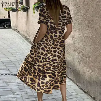 ZANZEA 2021 Vara Vestido Femei Leopard Moda Rochie Midi de sex Feminin Maneci Scurte Zburli Halat Casual O de Gât Neregulate Rochii