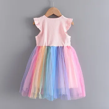 Rochie pentru Fete de Colorat Printesa Rochie de Vară pentru Copii Rochie de Petrecere Elegantă, Plasă de Costume Drăguț Curcubeu Vestidos Copii Rochie 2021