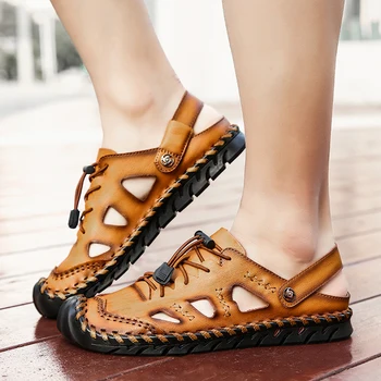 2020 Noi de Vara din Piele ușă Afară Pantofi pentru Bărbați Sandale lucrate Manual Clasic Pentru bărbați Moale de Mers pe jos de Plajă Sandalias Sandale Diapozitive