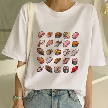 Femei T-shirt Sushi Cat de Desene animate Drăguț Imprimare femei T shirt Ulzzang Harajuku 90 de Fetele lui T Gât Rotund maneca scurta Doamna mujer