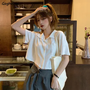 Tricouri Femei Vara Scurt-maneca de Turn-down guler Scurt Solid Topuri de Femei Bluze Stil coreean Pierde Toate-meci Slim la Modă Retro