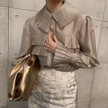 Elegant Transparent Plisată Albă Tricouri Femei Turn-down Guler Single-breasted Liber Feminin Bluza Topuri 2021 Primăvară
