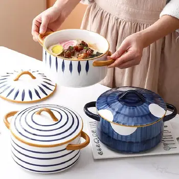 Underglaze Ceramic Dublu Urechi Mari Bol De Supa Cu Capac Acasă Nordic Creative Japoneză Castron Mare Castron De Tăiței Instant Noodle Bowl