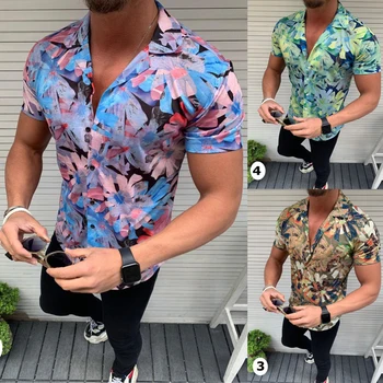 Bărbați Rever Imprimare Florale rochie Scurta Casual cu Maneci Tricou de Moda Floare Trandafir 3D Imprimate V Neck Slim Fit Shirt Cămașă Hawaiană