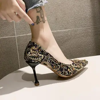 Imprimarea Stras Șir De Mărgele Subliniat Toe Tocuri Subtiri Elegante Nou Non-Alunecare Superficială Slip-On Pantofi De Nunta Lady Pompe