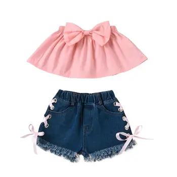2021 Nouă Primăvară-Vară de Îmbrăcăminte pentru Copii Seturi de Fete Roz Bowknot Tub de Top Bluza Dantela-Up pantaloni Scurti din Denim Fete 2 buc Set se Potriveste