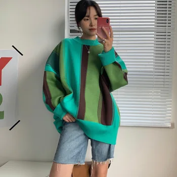 Toamna Verde Cu Dungi Pulover Supradimensionat Femei Haine Cu Maneca Lunga Pulover Top Topuri Drăguț Haine Coreeană De Moda Streetwear