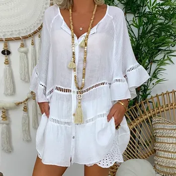 Plus Dimensiunea Rochie de Femei Vrac Lenjerie de pat din Bumbac Beachwear Dressses Solid Gol V-neck Pulover Sundress Vară Rochii Vestidos