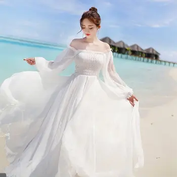 SRINA de Vară Elegant Fairy Șifon Strapless Rochie Albă Retro Doamnelor Stil Boho Maneca Lunga Sexy Rochie de Plaja