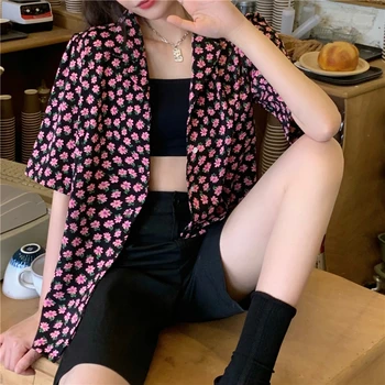 Moda pentru Femei Tricou Nou Stil coreean Liber Leneș Retro Cămăși cu mânecă Scurtă Mici Floral Bluza Guler de Turn-down Femei de Îmbrăcăminte