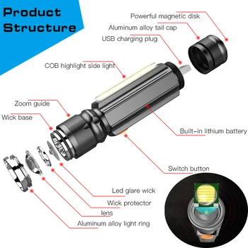 Ultra-luminos Portabil cu Lanterna LED-uri Cu Built-in Baterie USB Reîncărcabilă COB Lumina Cu Magnet La Coada Lampă de Lucru