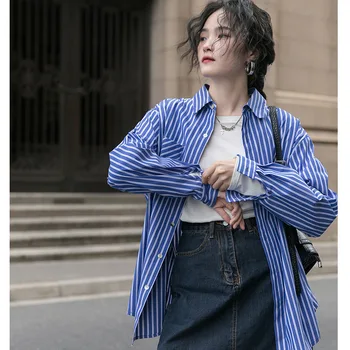 Primăvara Femei cu Dungi Loose Bluza Punk Sytle Albastru cu Maneca Lunga Tricouri OL Uzura de Birou Uzzlang Dulce Proaspăt Mic Topuri Lungi Mujer