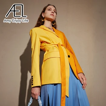 AEL Yellow Blazer Jacket Causal Women Long-Sleeve Loose Coat Color Blocking Fashion Streetwear