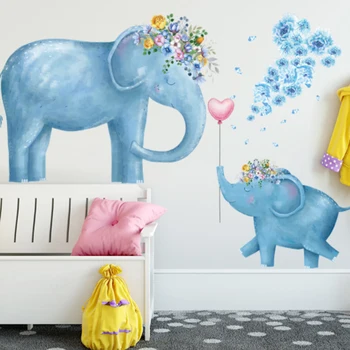 Desene animate Albastru Elefanți de Animale Drăguț Autocolante de Perete Stil de Vopsea pentru Camera de zi, Camera Copii Perete Decal Copil Pepinieră Decor de Perete Cadou
