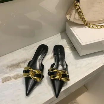 Moda Femei Papuci Subliniat Toe Casual Balerini Cu Toc De Metal Design De Lanț Lanț De Aur Elegant De Vară Pe Plajă Pantofi Femei Marimea 39