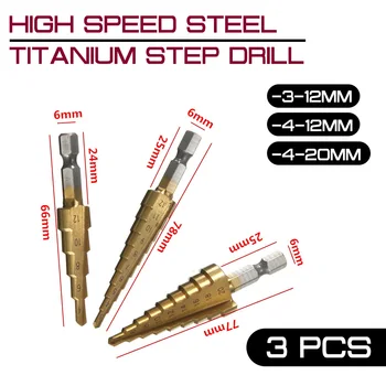 3PCS de Mare Viteză din Oțel de Titan Pas burghie HSS 3-12mm 4-12mm 4-20mm Lemn și Metal Foraj Unelte electrice