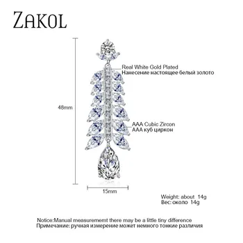 ZAKOL Frunze de Cristal în Formă de Lung Picătură Cercei de Mireasa de Lux de Nunta Alb Cubic Zircon Bijuterii Accesorii Pentru Femei