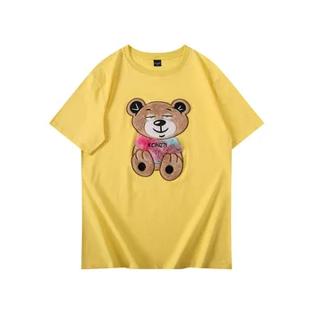 2021 Nou Casual din Bumbac pentru Bărbați T-shirt Urs de Imprimare Broderie Vrac Supradimensionat Tricou Cuplu Strada de Vară Scurt Maneca Tee Topuri
