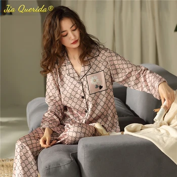 Femei De Lux Pijama Satin Lounge Wear Cardigan Cu Mâneci Lungi Rever Pijamaua De Primavara Toamna Pijamale De Înaltă Calitate Femeie Pijama Set
