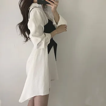 Moda Camasa Eleganta Rochie pentru Femei Stil coreean 2021 Vara Chic Rochie Mini cu Maneci Lungi Vintage Rochii Albe Vestidos 15199