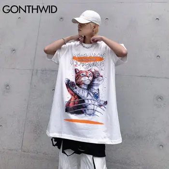 GONTHWID Tricouri Tricouri Gotice Punk Rock, Hip-Hop Harajuku Pisici Amuzante Print cu Maneci Scurte T-Shirt Casual Streetwear Topuri Largi de sex Masculin