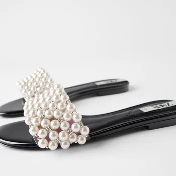 Meriahzheng Pantofi pentru Femei Perla Plat Sandale Glezna Curea sandale cu Margele Scăzut Toc Flip-Flops Vacanță Roman Pantofi FCH-4014