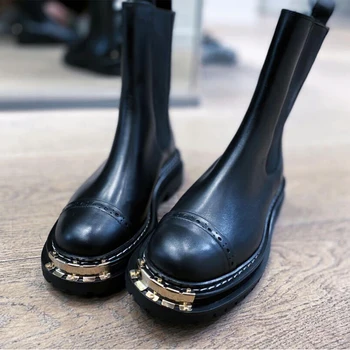 Noua Din Piele Neagra Chelsea Cizme Pentru Femei Rotund Toe Platforma Pantofi Femei Cizme De Iarna Pentru Femei Sculptate Bullock Botines Mujer 2020