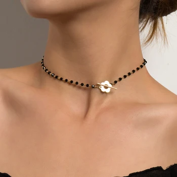 Moda de Lux Cristal Negru Șirag de mărgele de Sticlă Lanț Cravată Colier pentru Femei Flori Arcan Blocare Guler Colier Bijuterii de Partid Farmec