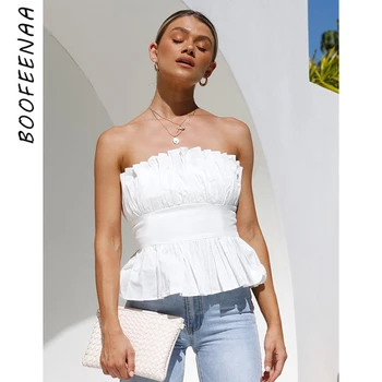BOOFEENAA Alb Sexy Strapless Ruched Top Culturilor de Primăvară-Vară 2021 Cottagecore Femei de Moda Backless Topuri Rezervor C69-BB12