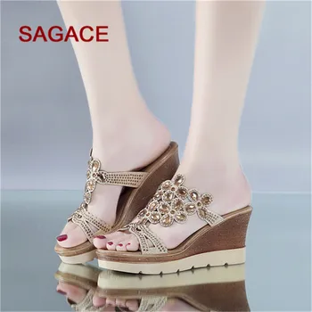 B-2020 SAGACE Pene de Pantofi pentru Femei de Vară Peep Toe Respirabil Sandale de Plaja Stras Slip-On Pantofi Pene Sandale Mujer