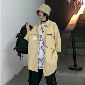 Bluze pentru femei Goth Buton Camasa Barbati Punk Gotice Haine de Vară coreean Harajuku Retro Broderie BF Liber cu mânecă Scurtă Topuri
