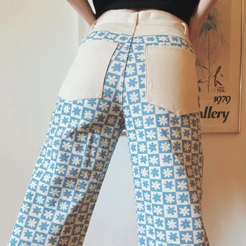 ANOTIMPURILE Streetwear Indie Print Floral Mozaic Pantaloni Largi de Epocă Talie Mare Albastru Largi Picior Pantaloni Lungime 90 Pantaloni ASPA82937