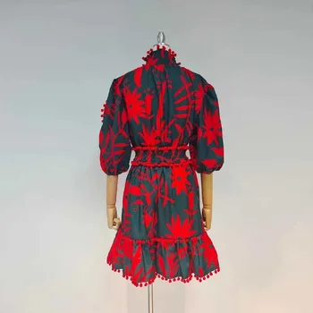 VGH Epocă a Lovit Culoarea Rochie Pentru Femei Stand Guler Puf de Jumătate Maneca Talie Mare Mozaic Rochii Mini de sex Feminin 2021 Moda de Vara