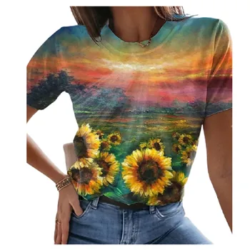 S-3XL Femei Peisaj Natural de Floarea-soarelui Print T Shirt de Vară pe Plajă Plus Dimensiune Topuri de Moda Doamnelor O-Gat Maneci Scurte Tee Haine