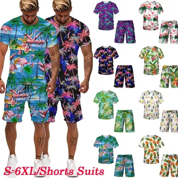 Oamenii Hawaiian Seturi de Imprimare 2021 Vara Tricou Maneca Scurta pantaloni Scurți de Plajă Streetwear Casual Barbati Costum 2 Buc Moda haine Cool