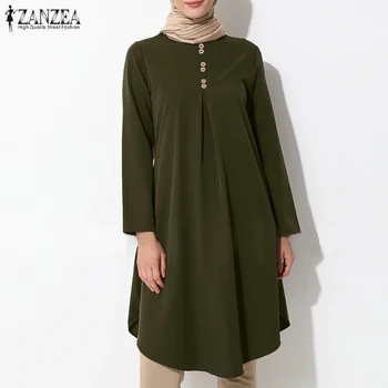 Vintage Musulman Lungi Tricou Femei Asimetrica Bluza ZANZEA 2021 Casual cu Maneci Lungi Blusas de sex Feminin Butonul Topuri Tunica