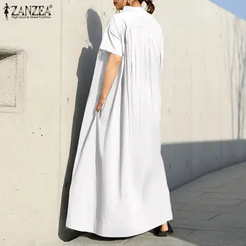 Femei Plisată Sundress ZANZEA Elegant Rochie Camasa cu Maneci Scurte de Vara Maxi Vestidos Caftan de sex Feminin Largi Solid Halat Supradimensionate