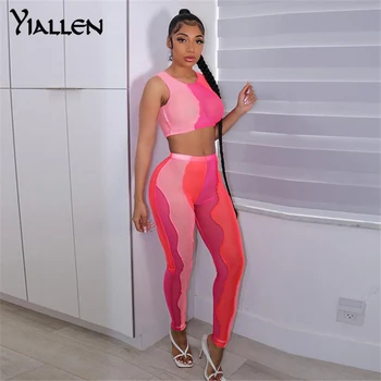 Yiallen Femei de Moda de Vara Mozaic ochiurilor de Plasă Rezervor de Top și Pantaloni Set de Două Piese Noi 2021 Casual, Skinny Stretch Femei Trening