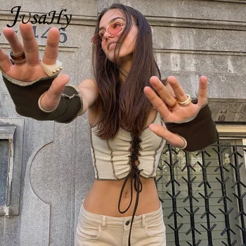 JuSaHy Y2K Casual de Vara Mozaic Rib Tricotat Bandaj Bretele cu Mănuși pentru Femei Club Streetwear Slim Stretch Top Trunchiate