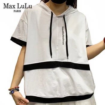 Max LuLu Vară Stil Nou 2021 Haine Femei Casual Alb Cu Gluga Tee Doamnelor Tipărite Mozaic Tricou Fata Fitness Topuri Plus Dimensiune