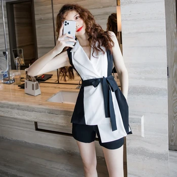 Doamnelor New Sosire Moda Coreeană Vara Chic Casual Mozaic Top Asimetric Curea Tricou Negru Și Pantaloni Scurți Set De Două Piese