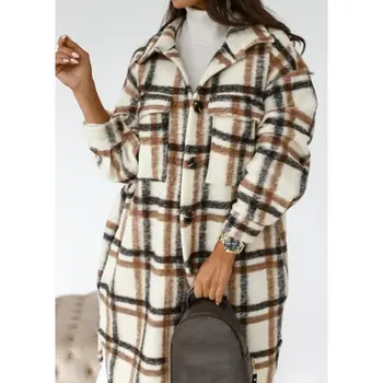 2020 Iarna Verificat Femei Jacheta Rândul Său, În Jos Paltonul Carouri Cald Haină Lungă Supradimensionat Gros De Lână, Amestecuri De Sex Feminin Streetwear