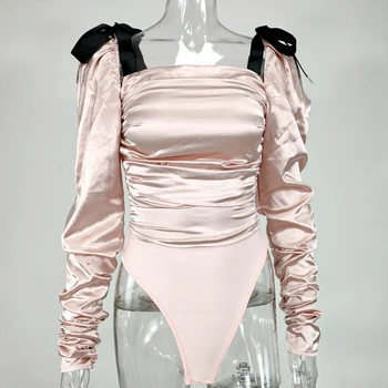NewAsia Satin Body Ruched Top Fara Spate Arc Gât Pătrat Cu Fermoar Puff Sleeve Romper Femei Dulce Elegant Sexy O Singură Bucată Clubwear