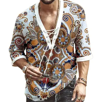 50% Vânzare Fierbinte Bărbați Moda Jumătate Maneca V Gat imprimeu Floral Piept Dantela-up Tricou T-shirt de Sus