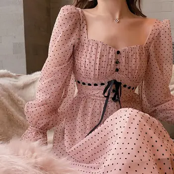 Franceză Vintage Rochie Midi Femei Puffer Maneca Pătrat Collor De Birou Elegant Rochie De Sex Feminin 2021 Primăvară Dot-O Singură Bucată Rochie Coreeană