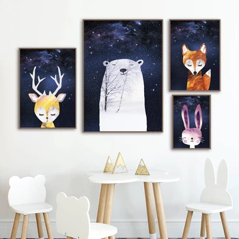 Urs, Iepure, Vulpe, Cerb Înstelat Cerul De Arta De Perete Panza Pictura Desene Animate Nordic Postere Si Printuri De Perete Imaginea De Fată Băiat Decor Camera Pentru Copii