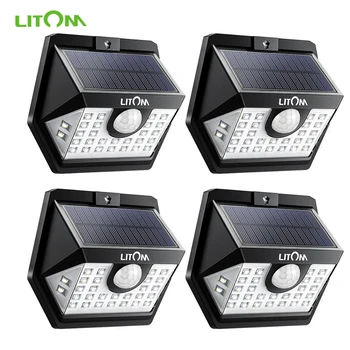 4 Pack LITOM 30 LED-uri Lumina Solara Senzor de Mișcare Lumini de Gradina cu 3 Modul de Lumină 270° cu unghi Larg, rezistent la apa IP65 Lampa Luz Solar Led