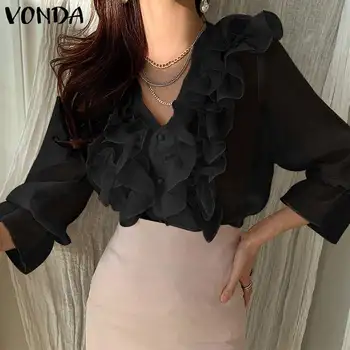 VONDA Retro Bluza Femei Plisată Flare Sleeve V Gât Topuri Casual 3/4 Sleeve Button Up Solid Blusas Streetwears S-